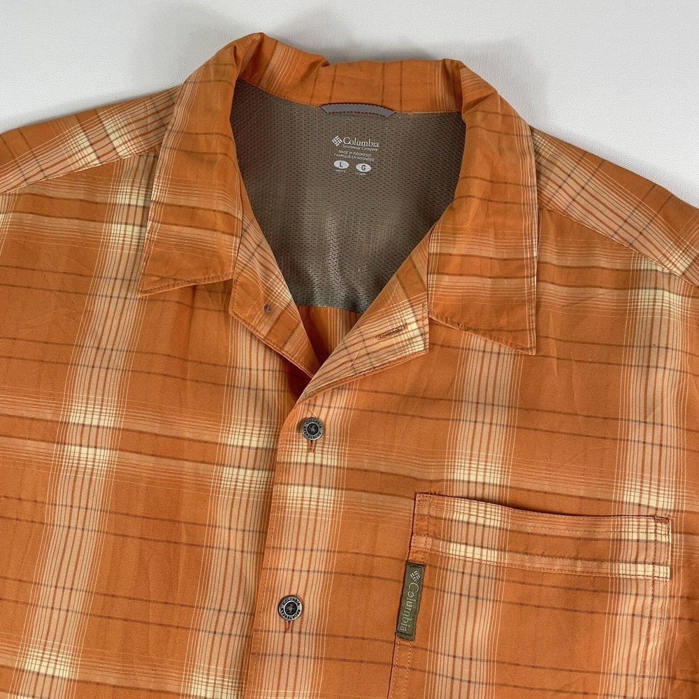 Columbia Shirt Mens Large Orange Plaid Pocket Short Sleeve Stretch